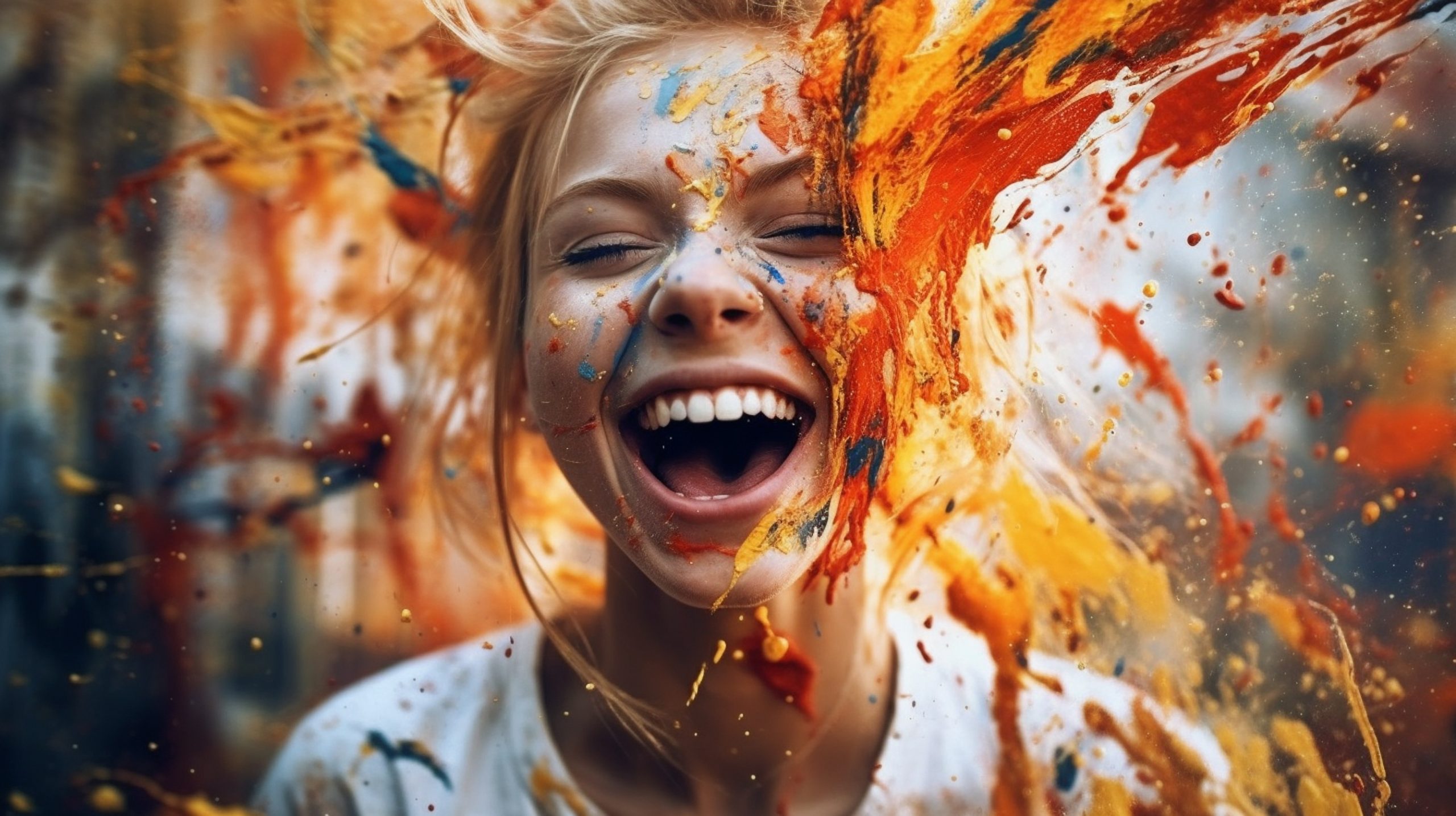 young woman or teenager with an abstract explosion of color, first own apartment or renovation of the children's room, emotional immense joy, radiantly happy and satisfied. Elated